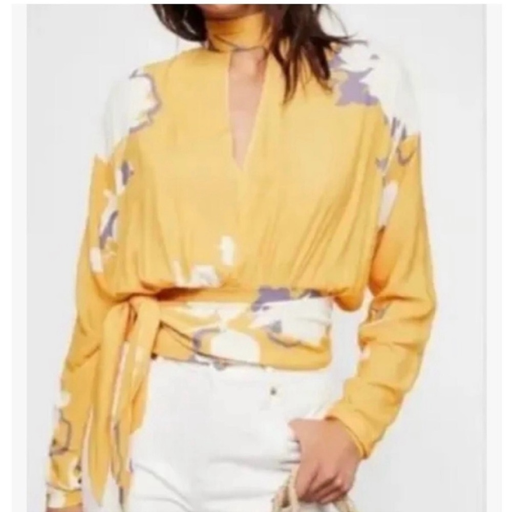 Free People Say You Love Me Yellow Floral Side Tie Blouse Top Sz small